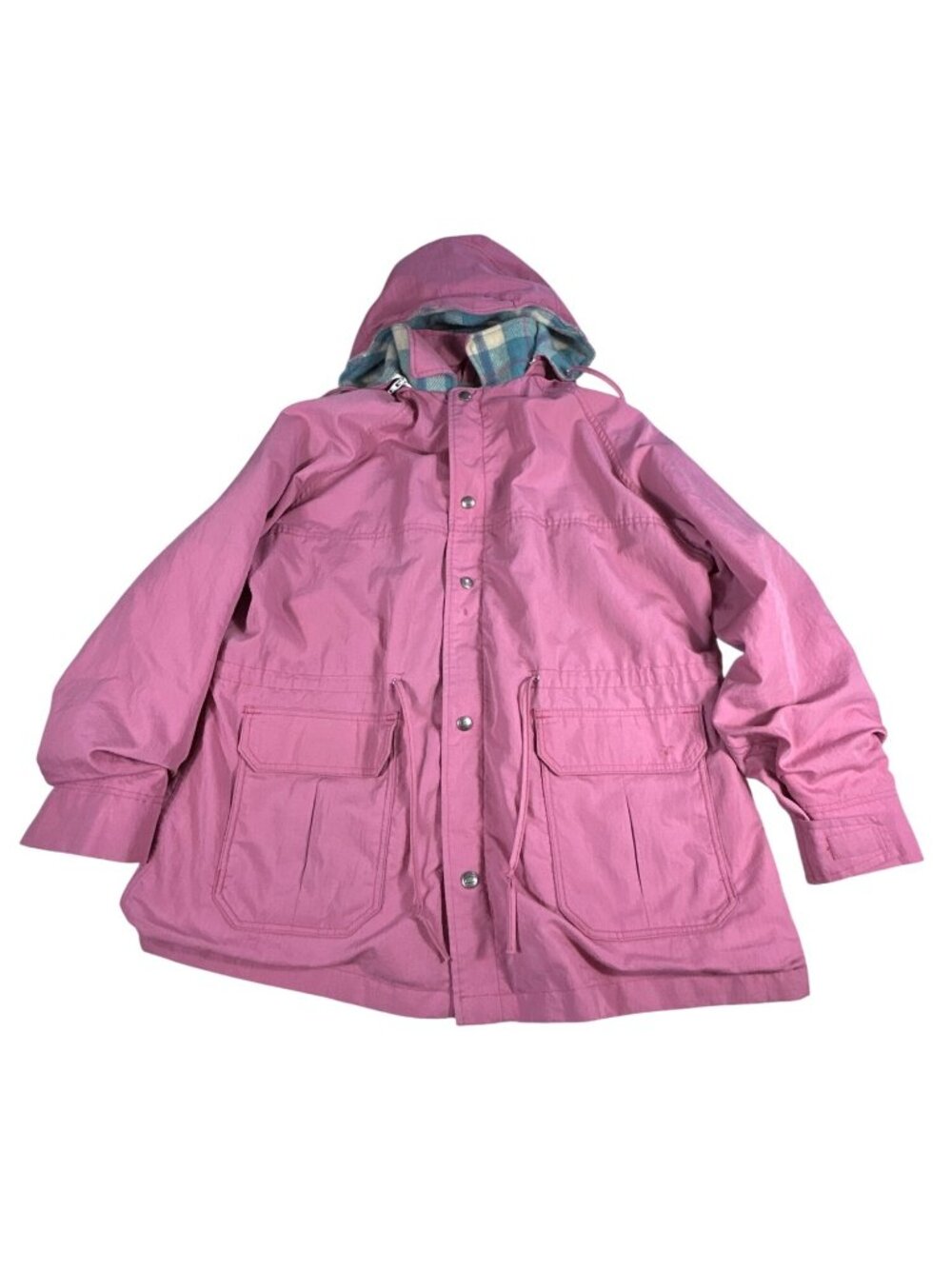 VTG Woolrich Pink Hooded Jacket XL Utility Barn Plaid Wool Lining Zip Snaps USA